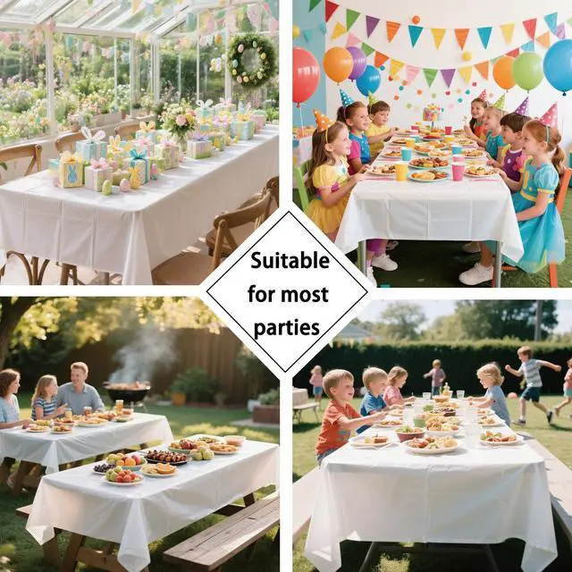 Alt view image 6 of 6 - White Plastic Tablecloth 2 Pack, 54 X 108 Disposable Rectangle Table Cloth for Birthday Party, Wedding, Anniversary, Picnics, Camping