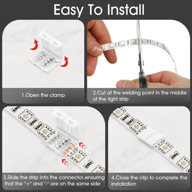 Alt view image 4 of 7 - 20-Pack PBT Fireproof 4-Pin LED Strip Connectors, Solderless Gapless Adapter for 10mm Wide RGB 5050 Light Strips, Ultra-Stable Extension and Splice Kit for DIY Lighting Projects (10MM-4PIN)
