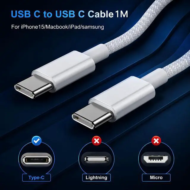 Alt view image 3 of 7 - USB C to USB C Cable 3.3FT, Nylon Braided 60W USB C Charger Cable Fast Charging Type C Cord Lead for iPhone 17/16/15/Plus/Pro Max, Samsung Galaxy S26/S25/Ultra, iPad Pro/Air, MacBook, Pixel