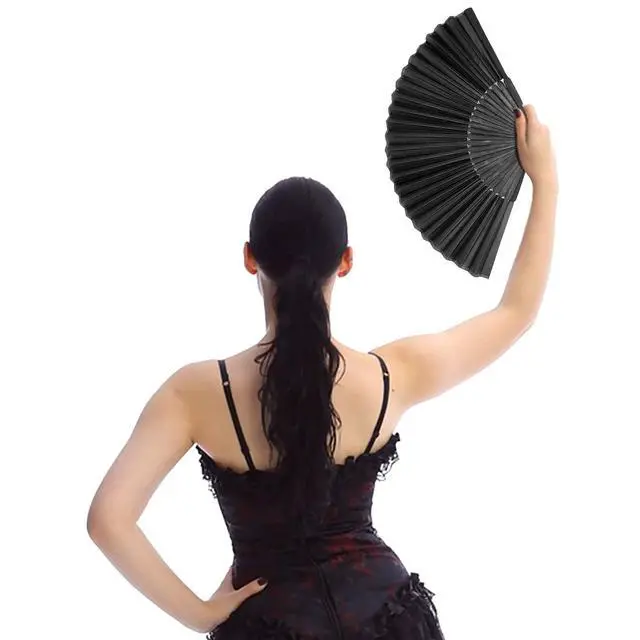Alt view image 5 of 6 - Black Folding Hand Classic Style Fan Fabric Bamboo Ribs Hand Held Chinese/Spanish Foldable Fan for Wedding, Party Favor, Performance, Dance, Home Decorations, Festival, Gift