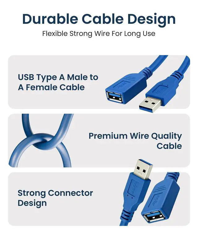 Alt view image 3 of 6 - USB 3.0 Extension Cable, Type A Male to Female USB Extender Fast Data Transfer, Type A Extension Lead Compatible with PC, Laptop, Keyboard, FlashDrive, External Hard Drive, Camera, Xbox (1M)