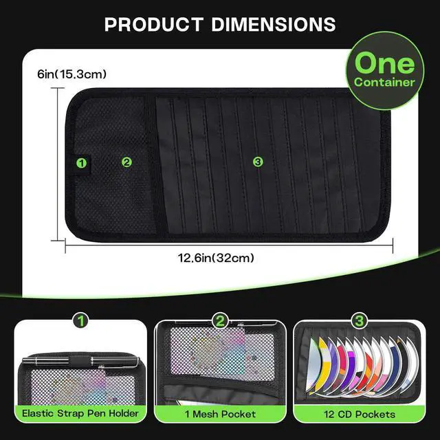 Alt view image 2 of 7 - Black CD Holder for Car,Car CD Holder,Visor CD Holder,Large Capacity for 12 DVD Storage Pockets 1 Mesh Pocket 1 Pen Slot 1 Back Inner Pocket and Elastic Strap (Black)