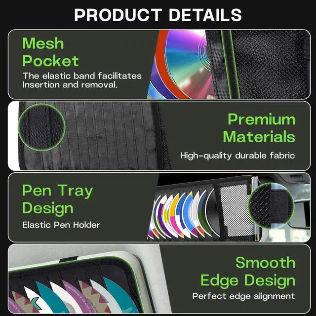 Alt view image 3 of 7 - Black CD Holder for Car,Car CD Holder,Visor CD Holder,Large Capacity for 12 DVD Storage Pockets 1 Mesh Pocket 1 Pen Slot 1 Back Inner Pocket and Elastic Strap (Black)