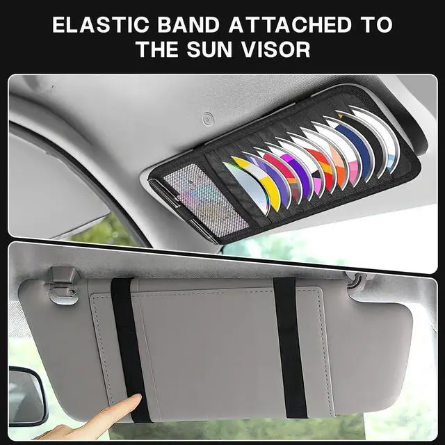 Alt view image 4 of 7 - Black CD Holder for Car,Car CD Holder,Visor CD Holder,Large Capacity for 12 DVD Storage Pockets 1 Mesh Pocket 1 Pen Slot 1 Back Inner Pocket and Elastic Strap (Black)