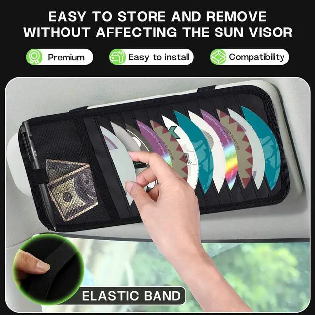 Alt view image 6 of 7 - Black CD Holder for Car,Car CD Holder,Visor CD Holder,Large Capacity for 12 DVD Storage Pockets 1 Mesh Pocket 1 Pen Slot 1 Back Inner Pocket and Elastic Strap (Black)