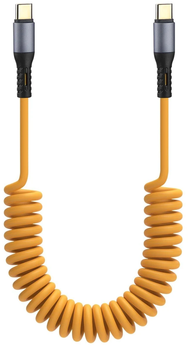 Main image of Coiled USB C Cable for Car Phone Charger, iPhone 17/16/15, Samsung Galaxy | Type C Fast Charging Cord, USBC to USBC, 60W, Yellow, 5 ft