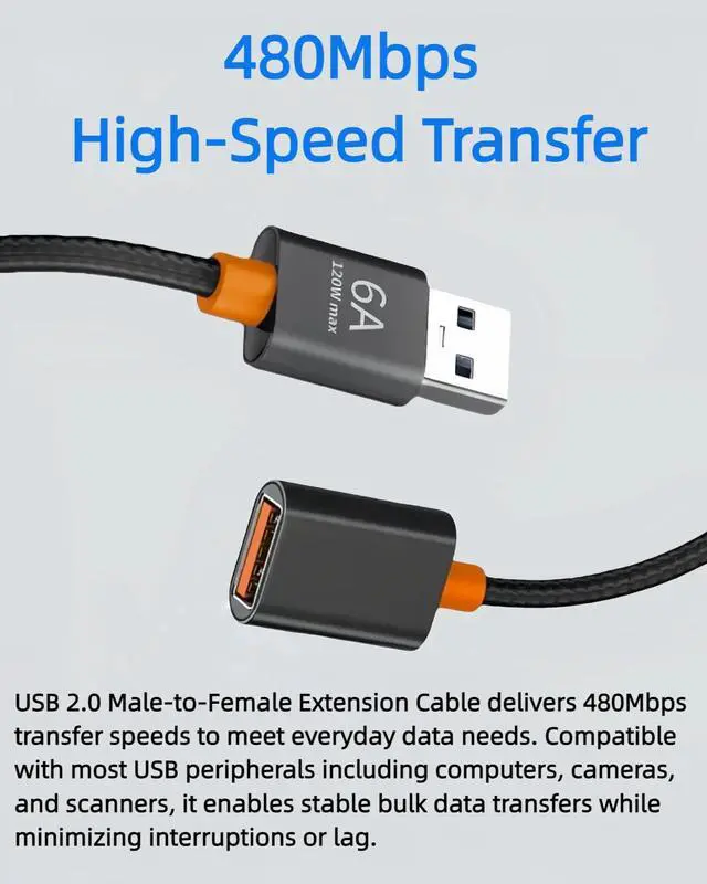 Alt view image 3 of 7 - USB Extension Cable 3.3FT,USB 2.0 Type A Male to Female USB Extender Cord Nylon Braided 480Mbps Data Transfer for Keyboard, Webcam, Mouse, Gamepad, Flash Drive, Printer, Camera and More