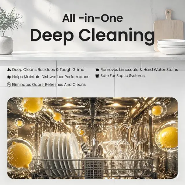 Alt view image 3 of 7 - Dishwasher Cleaning Tablets -30 Pack Cleaner and Deodorizer -15 Month Suply for Hard Water Dish Washer Machine, Non Toxic Tabs for Dish, Septic Safe & Odor Remover, Lemon Scent