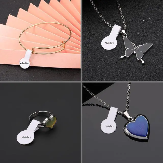 Alt view image 6 of 7 - 1000 Pieces Barbell Jewelry Tags for Necklace Earring Price Identify, White Round Identification Labels, Self Adhesive for Bracelet, Ring, Clothing Display