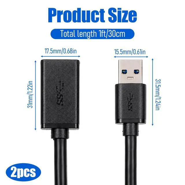 Alt view image 2 of 7 - 2 Pcs USB 3.0 Extension Cables 1FT Short USB A 3.0 Extender Cord Type A Male and Female Extension Cables Fast Data Transfer for Keyboards Mice Hard Disk Drives
