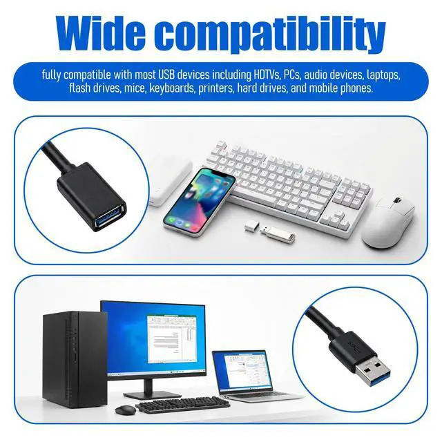 Alt view image 6 of 7 - 2 Pcs USB 3.0 Extension Cables 1FT Short USB A 3.0 Extender Cord Type A Male and Female Extension Cables Fast Data Transfer for Keyboards Mice Hard Disk Drives