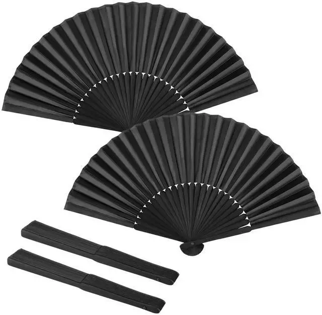 Main image of 2 Pack Bamboo Handheld Silk Folding Fan, Small Chinese/Japanese Folding Hand Fan for Women, Black Hand Fan for Wedding, Church, Performance, Dance, Beach, Travel, Party & Gift