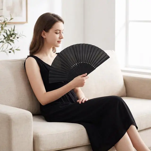 Alt view image 2 of 6 - 2 Pack Bamboo Handheld Silk Folding Fan, Small Chinese/Japanese Folding Hand Fan for Women, Black Hand Fan for Wedding, Church, Performance, Dance, Beach, Travel, Party & Gift