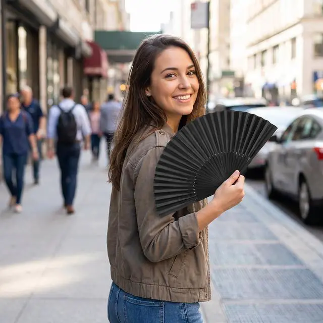 Alt view image 5 of 6 - 2 Pack Bamboo Handheld Silk Folding Fan, Small Chinese/Japanese Folding Hand Fan for Women, Black Hand Fan for Wedding, Church, Performance, Dance, Beach, Travel, Party & Gift
