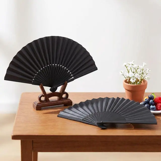 Alt view image 6 of 6 - 2 Pack Bamboo Handheld Silk Folding Fan, Small Chinese/Japanese Folding Hand Fan for Women, Black Hand Fan for Wedding, Church, Performance, Dance, Beach, Travel, Party & Gift