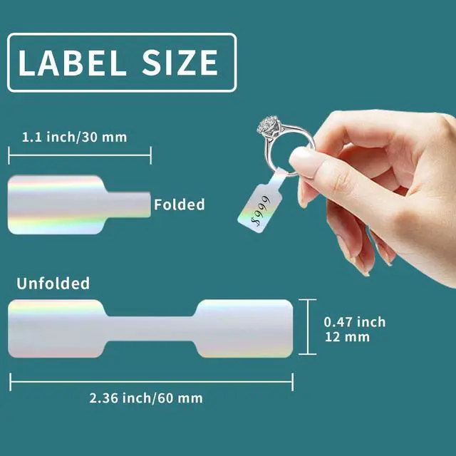 Alt view image 3 of 6 - 500 Pcs Jewelry Tags Roll for Necklace Earring Price Identify,Self Adhesive Silver Laser Blank Dumbbell Jewelry Stickers Labels for Bracelet, Ring, Clothing Display Holographic Laser