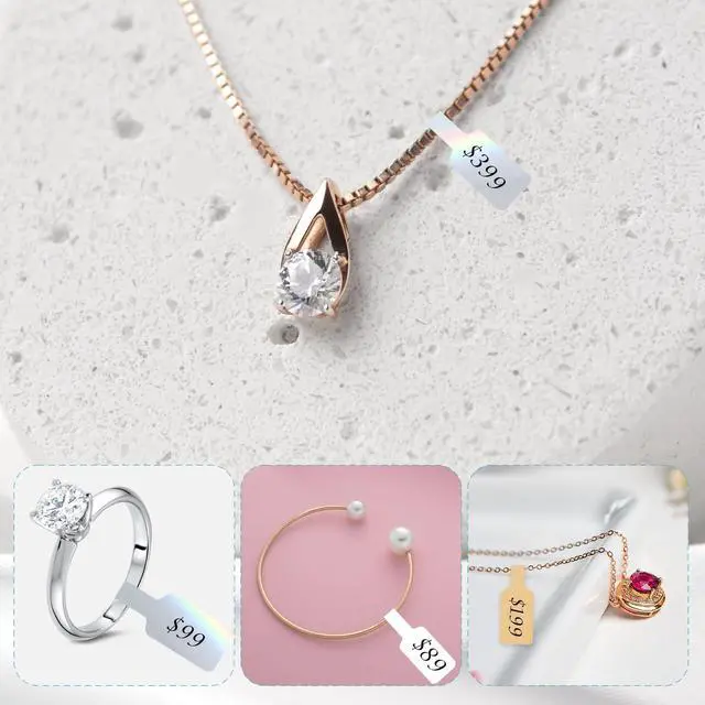 Alt view image 5 of 6 - 500 Pcs Jewelry Tags Roll for Necklace Earring Price Identify,Self Adhesive Silver Laser Blank Dumbbell Jewelry Stickers Labels for Bracelet, Ring, Clothing Display Holographic Laser