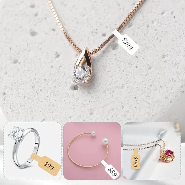 Alt view image 6 of 6 - 550 Pcs Jewelry Tags Roll for Necklace Earring Price Identify,Self Adhesive Kraft Blank Dumbbell Jewelry Stickers Labels for Bracelet, Ring, Clothing Display Kraft