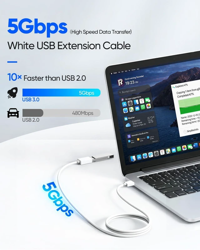 Alt view image 2 of 7 - USB Extension Cable White 6.6FT 2-Pack, 5Gbps High Speed USB Extender 3.0 | Data Transmission USB A Extension Cord Male to Female Compatible Flash Drive, Hard Drive, SSD, PC, Webcam, Keyboard, Printer