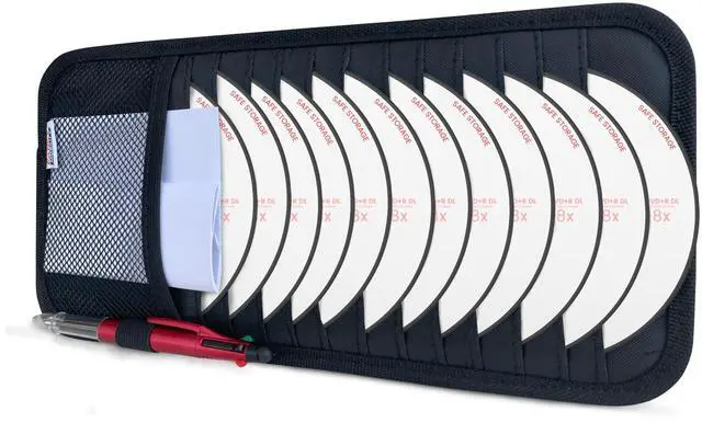 Main image of CD Case Holder for Car - Sun Visor Organizer for 12 CDs/Dvds, 1 Mesh Pocket & 1 Horizontal Pen Holder - Safe, Ergonomic Design (Black)