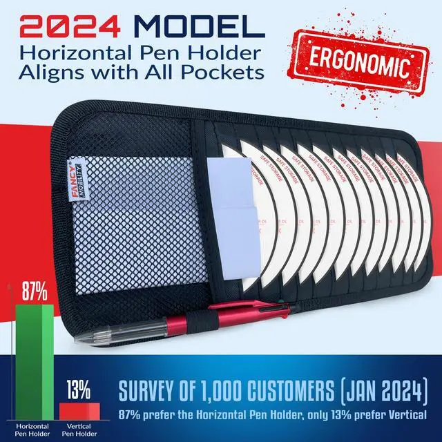 Alt view image 2 of 7 - CD Case Holder for Car - Sun Visor Organizer for 12 CDs/Dvds, 1 Mesh Pocket & 1 Horizontal Pen Holder - Safe, Ergonomic Design (Black)