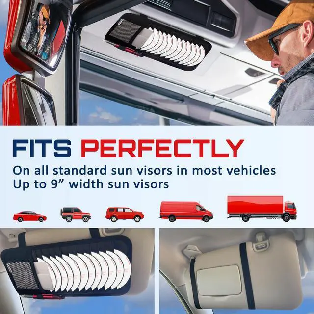 Alt view image 5 of 7 - CD Case Holder for Car - Sun Visor Organizer for 12 CDs/Dvds, 1 Mesh Pocket & 1 Horizontal Pen Holder - Safe, Ergonomic Design (Black)