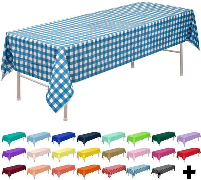 Main image of Blue & White Gingham Checkered Tablecloths Plastic 3-Pack Premium 54 Inches x 108 Inches Disposable Table Covers Decorative Table Cloths for Rectangle Tables