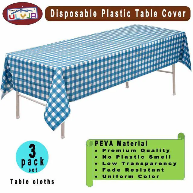 Alt view image 2 of 7 - Blue & White Gingham Checkered Tablecloths Plastic 3-Pack Premium 54 Inches x 108 Inches Disposable Table Covers Decorative Table Cloths for Rectangle Tables