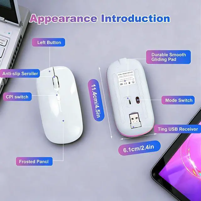 Alt view image 4 of 7 - Wireless Bluetooth Mouse Rechargeable Long Lasting Dual Mode - BT 5.2 & 2.4G Silent RGB LED Mice, Slim Portable Ergonomic Mouse for Laptop/PC/Tablet/MacBook/iPad/Apple Devices(White)