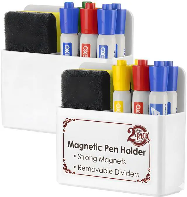 Main image of 2 Pack Magnetic Pen Holder for Refrigerator & Whiteboard, Full-Back Magnet Dry Erase Marker Holder with Adjustable Divider, Magnetic Marker Holder for White Board Office Desk Locker Accessories, White