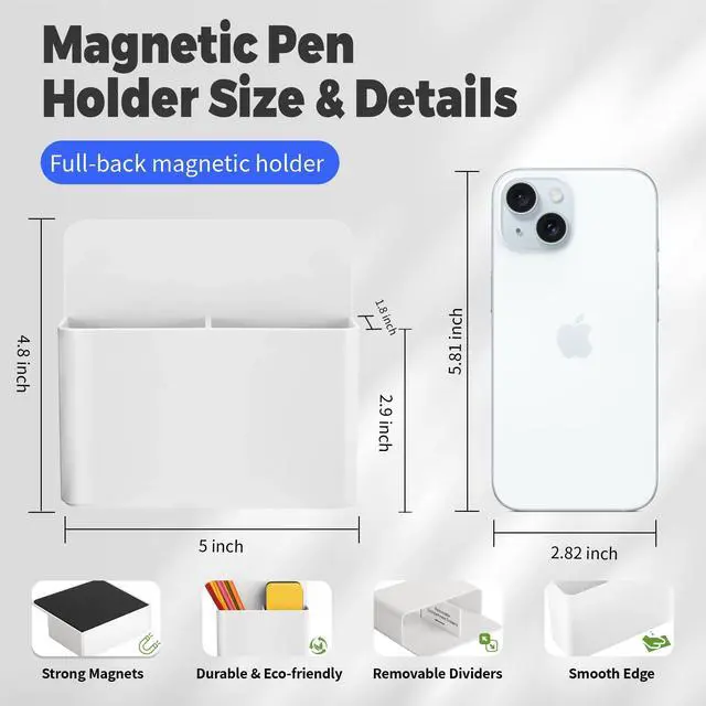 Alt view image 2 of 7 - 2 Pack Magnetic Pen Holder for Refrigerator & Whiteboard, Full-Back Magnet Dry Erase Marker Holder with Adjustable Divider, Magnetic Marker Holder for White Board Office Desk Locker Accessories, White