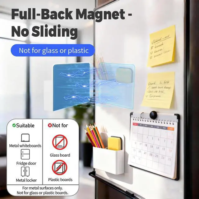 Alt view image 3 of 7 - 2 Pack Magnetic Pen Holder for Refrigerator & Whiteboard, Full-Back Magnet Dry Erase Marker Holder with Adjustable Divider, Magnetic Marker Holder for White Board Office Desk Locker Accessories, White