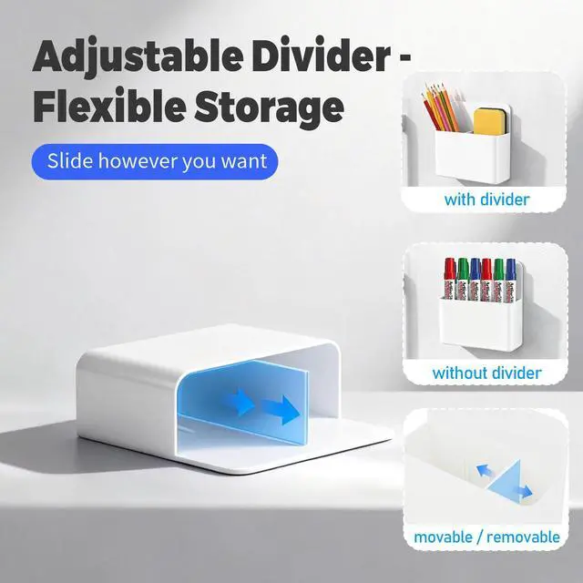 Alt view image 4 of 7 - 2 Pack Magnetic Pen Holder for Refrigerator & Whiteboard, Full-Back Magnet Dry Erase Marker Holder with Adjustable Divider, Magnetic Marker Holder for White Board Office Desk Locker Accessories, White