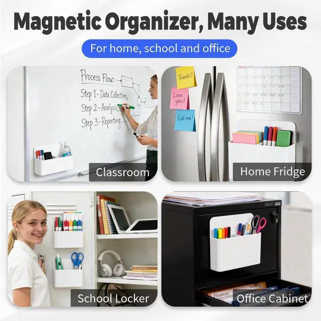 Alt view image 7 of 7 - 2 Pack Magnetic Pen Holder for Refrigerator & Whiteboard, Full-Back Magnet Dry Erase Marker Holder with Adjustable Divider, Magnetic Marker Holder for White Board Office Desk Locker Accessories, White
