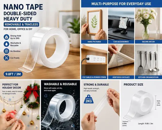 Alt view image 2 of 6 - Double-Sided Heavy Duty Clear Mounting Tape, Nano Tape (9.8FT)