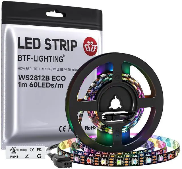 Main image of WS2812B ECO RGB LED Strip,UL Listed,Individually Addressable,3.28FT 60LED/m 60Pixel DC5V 5050SMD,Alloy Wire Flexible 3M Tape for DIY Chasing Color Project IP30(No Adapter or Controller)