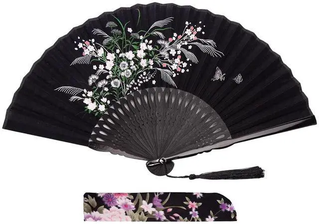 Main image of Black Fabric Folding Hand Fan with Tassel and Pouch Elegant Foldable Handheld Fan for Women, Wedding Fans for Guests, Chinese and Japanese Style Asian Gift for Party, Dance & Home Decoration