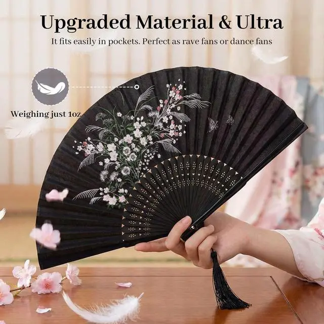 Alt view image 3 of 7 - Black Fabric Folding Hand Fan with Tassel and Pouch Elegant Foldable Handheld Fan for Women, Wedding Fans for Guests, Chinese and Japanese Style Asian Gift for Party, Dance & Home Decoration