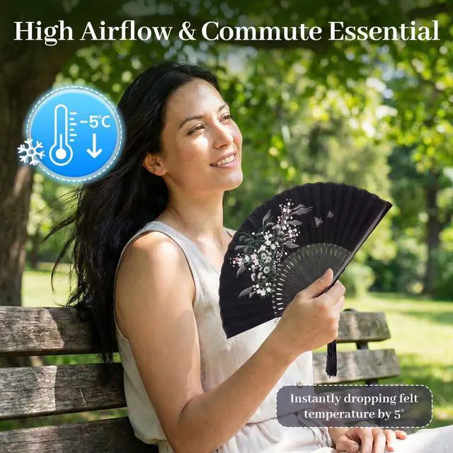 Alt view image 4 of 7 - Black Fabric Folding Hand Fan with Tassel and Pouch Elegant Foldable Handheld Fan for Women, Wedding Fans for Guests, Chinese and Japanese Style Asian Gift for Party, Dance & Home Decoration