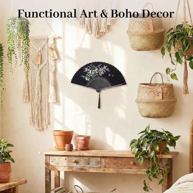Alt view image 5 of 7 - Black Fabric Folding Hand Fan with Tassel and Pouch Elegant Foldable Handheld Fan for Women, Wedding Fans for Guests, Chinese and Japanese Style Asian Gift for Party, Dance & Home Decoration