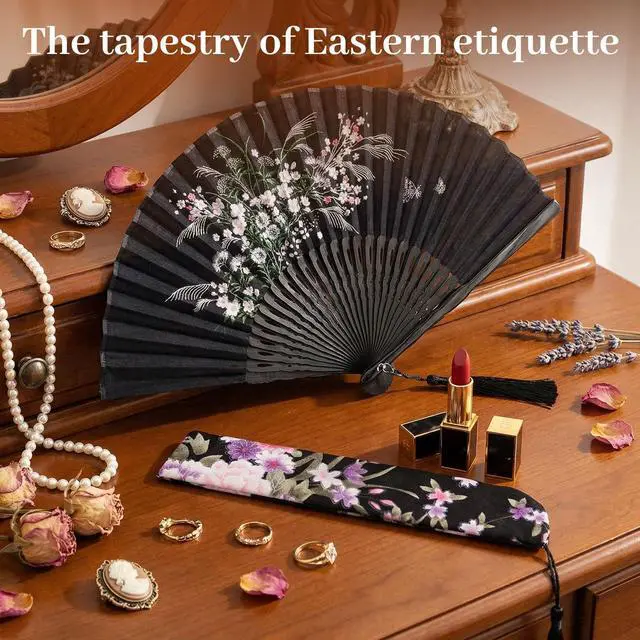 Alt view image 6 of 7 - Black Fabric Folding Hand Fan with Tassel and Pouch Elegant Foldable Handheld Fan for Women, Wedding Fans for Guests, Chinese and Japanese Style Asian Gift for Party, Dance & Home Decoration