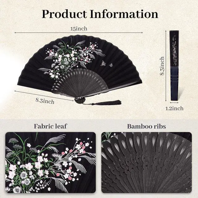 Alt view image 7 of 7 - Black Fabric Folding Hand Fan with Tassel and Pouch Elegant Foldable Handheld Fan for Women, Wedding Fans for Guests, Chinese and Japanese Style Asian Gift for Party, Dance & Home Decoration
