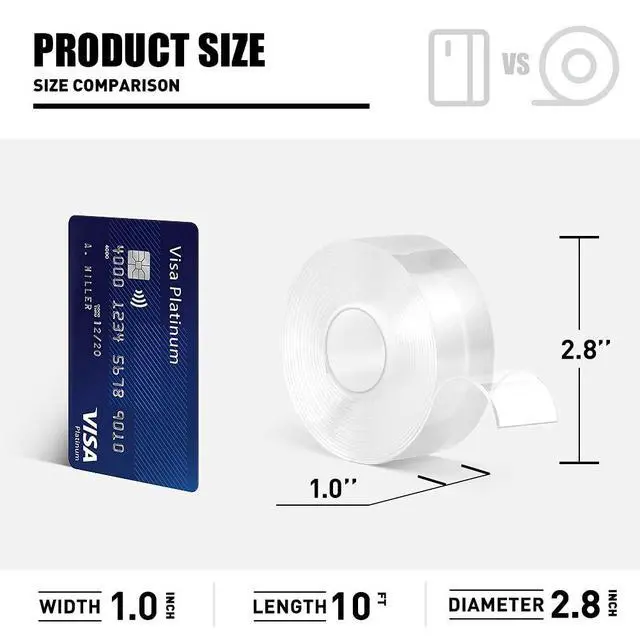 Alt view image 2 of 7 - Double Sided Tape Heavy Duty, Clear Acrylic Mounting Tape, Strong Adhesive, Removable, No Residue, Transparent Nano Tape for Wall Decor, Poster, Picture Hanging, DIY Crafts (1x10FT)