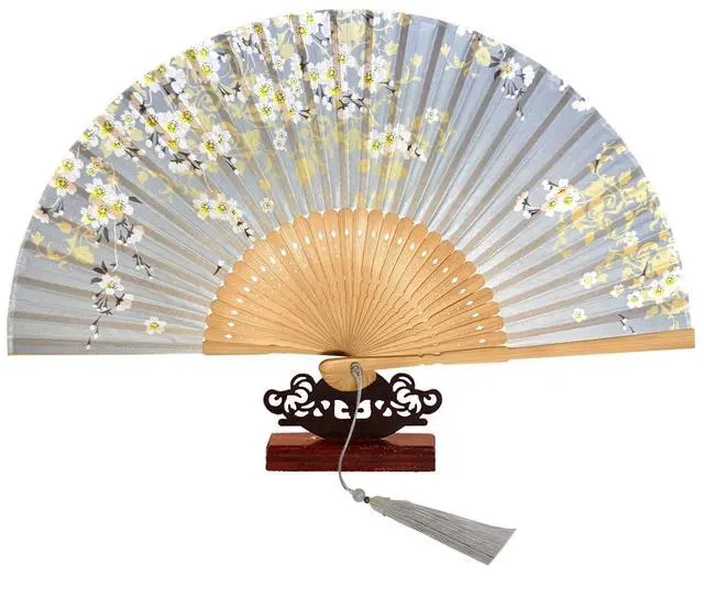 Main image of Bamboo Hand Fan Foldable 8.3 Inch, Portable Folding Fan with Pouch for Church Wedding Makeup, Small Decorative Cooling Fan for Women (Gray)