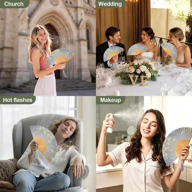 Alt view image 3 of 7 - Bamboo Hand Fan Foldable 8.3 Inch, Portable Folding Fan with Pouch for Church Wedding Makeup, Small Decorative Cooling Fan for Women (Gray)