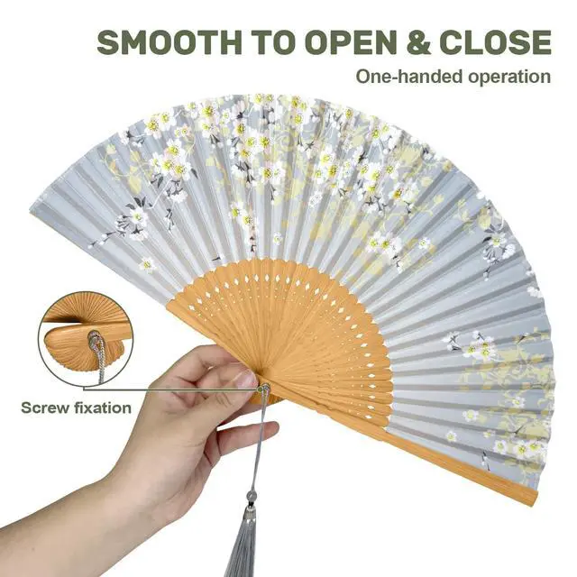 Alt view image 5 of 7 - Bamboo Hand Fan Foldable 8.3 Inch, Portable Folding Fan with Pouch for Church Wedding Makeup, Small Decorative Cooling Fan for Women (Gray)