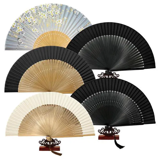 Alt view image 7 of 7 - Bamboo Hand Fan Foldable 8.3 Inch, Portable Folding Fan with Pouch for Church Wedding Makeup, Small Decorative Cooling Fan for Women (Gray)