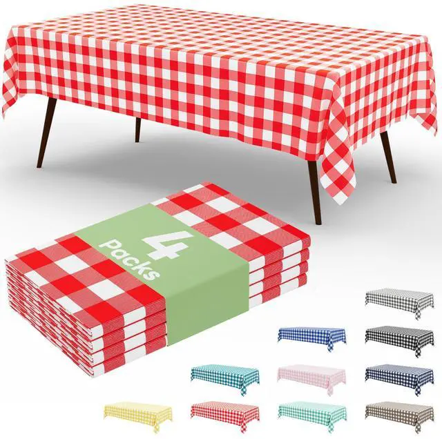 Main image of 4 Packs Buffalo Disposable Table Cloth, 54 x 108 Inch Waterproof Plastic Tablecloth, Rectangle Red and White Checkered Table Covers for Picnic, Birthday, Party, Back to School