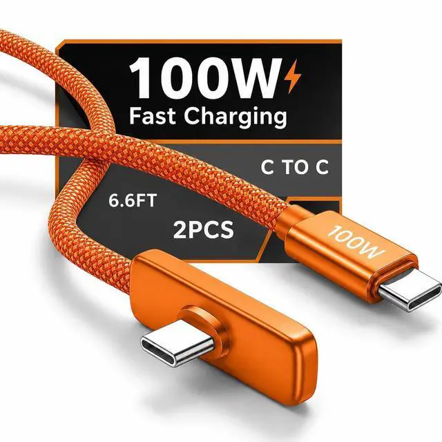 Main image of 2-Pack 100W USB C to USB C Cable 6.6FT, 90 Degree T-Shaped Right Angle USB C Cable Fast Charging, Type C Charger Fast Charging Cord for iPhone 17/16/15, Samsung S25/S24, iPad, MacBook, Gaming,Orange