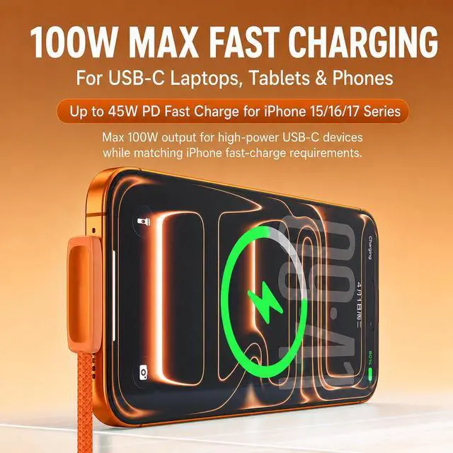 Alt view image 2 of 6 - 2-Pack 100W USB C to USB C Cable 6.6FT, 90 Degree T-Shaped Right Angle USB C Cable Fast Charging, Type C Charger Fast Charging Cord for iPhone 17/16/15, Samsung S25/S24, iPad, MacBook, Gaming,Orange